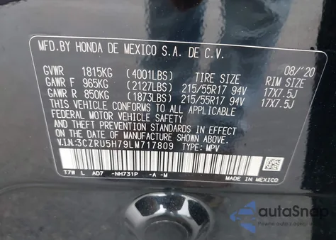 2020 Honda Hr-V 2Wd Ex-L z USA, uszkodzony, nr VIN 3CZRU5H79LM717809